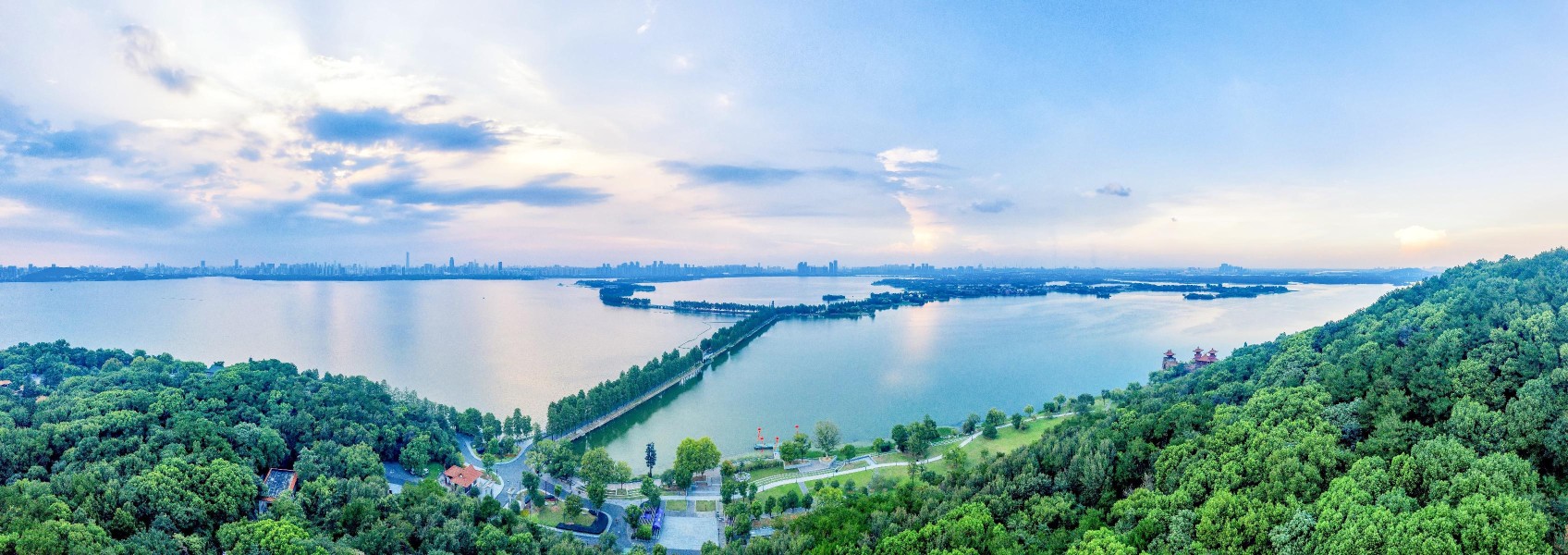 Aerial view of East Lake and its lakeside greenway in Wuhan