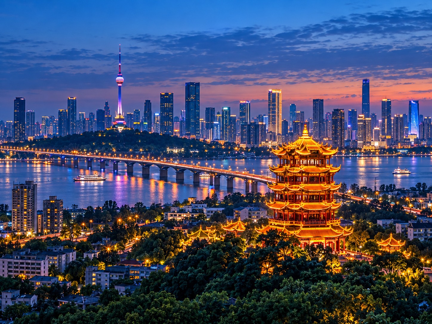Wuhan skyline and Yellow Crane Tower at night